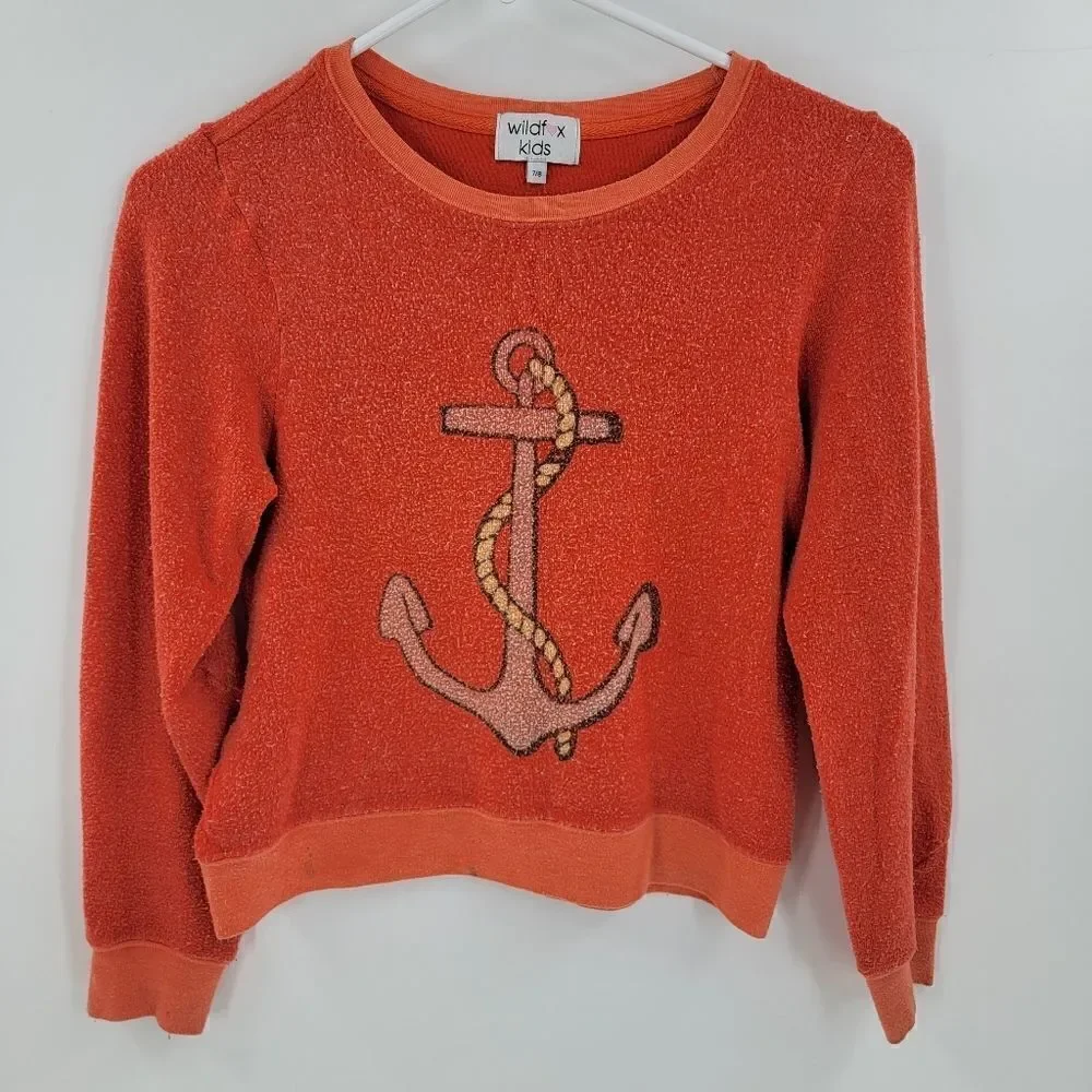 Wildfox kids anchor crew neck long sleeve orange shirt girls 7/8 medium
